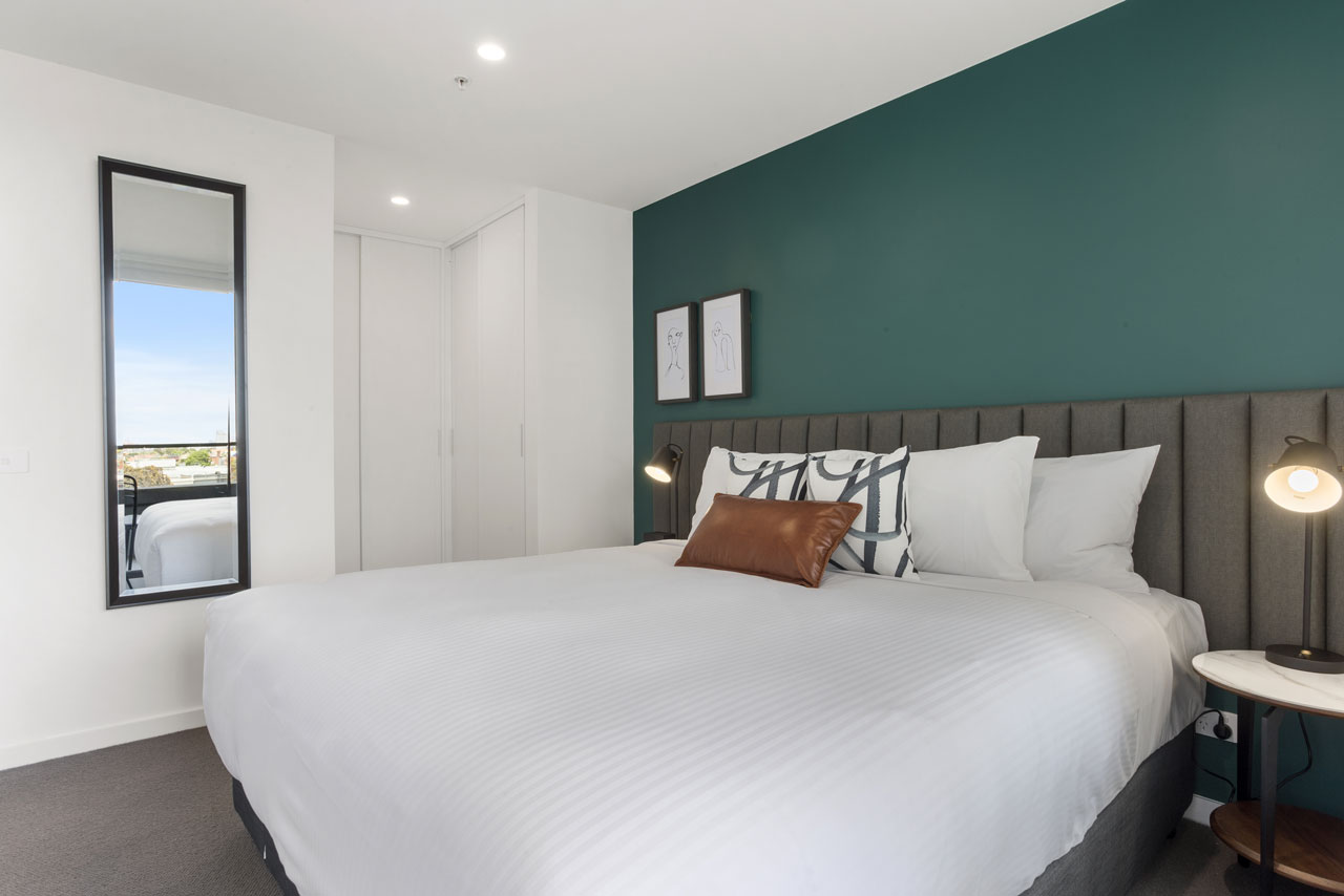 King bed in 1 bedroom apartment at The Sebel Moonee Ponds