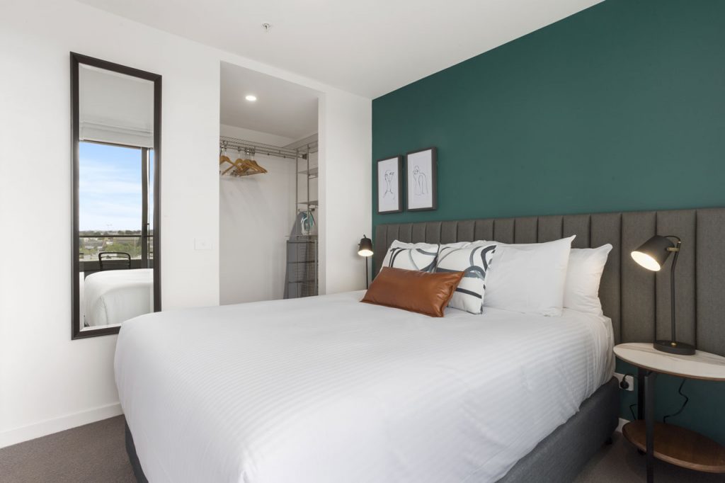 queen bedroom in 1 bedroom apartment at The Sebel Moonee Ponds